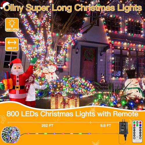 Image of Ollny Christmas Lights 800 LED 262FT Plug in, IP67 Waterproof Green Wire Outdoor Christmas Lights with Remote, 8 Modes with Timer String Light for House Indoor Xmas Decorations Multicolored