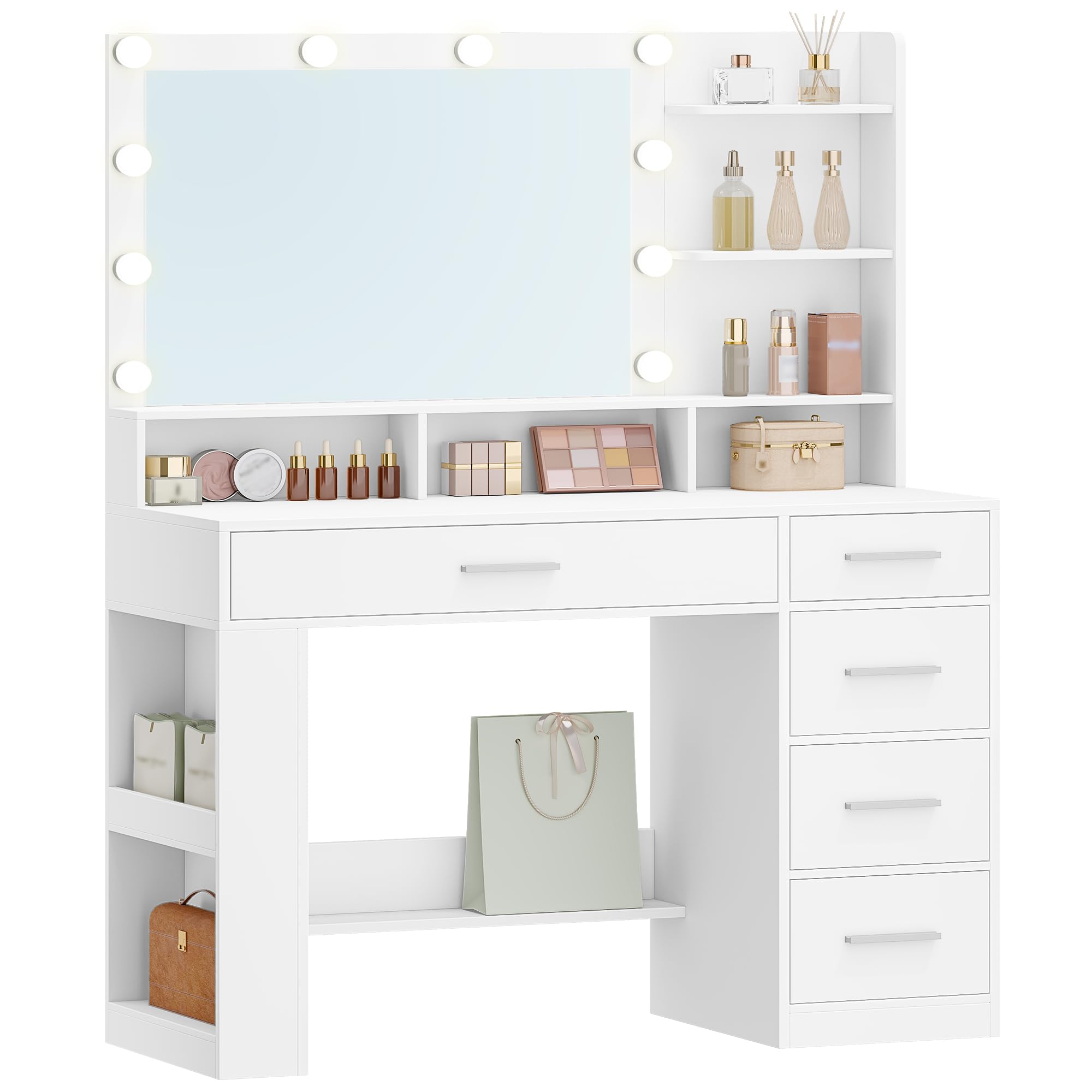 Hzuaneri 108 cm Toeletta da Trucco Grande con Illuminazione a LED, Tavolo da Trucco con Specchio, 6 scomparti aperti, 5 Cassetti e vano portaoggetti laterale aperto, Postazione Truccos, Bianco