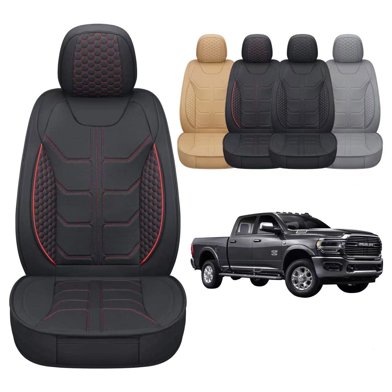GXT Dodge RAM Front Seats Cover Fit for Select 2013-2021 Dodge RAM 1500 2500 3500 Pickup Truck, Waterproof Synthetic Leather Car Seat Cover and Cushion (Black Red Stripe)