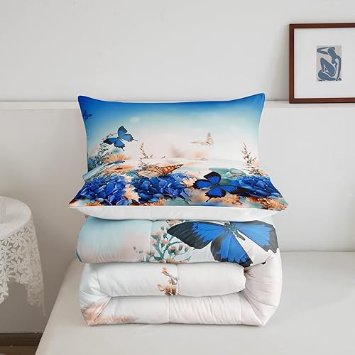 Miniatura 5 de Erosebridal Juego de edredón de mariposa para niñas, juego de ropa de cama con estampado de flores azules, juego de ropa de cama para adolescentes y