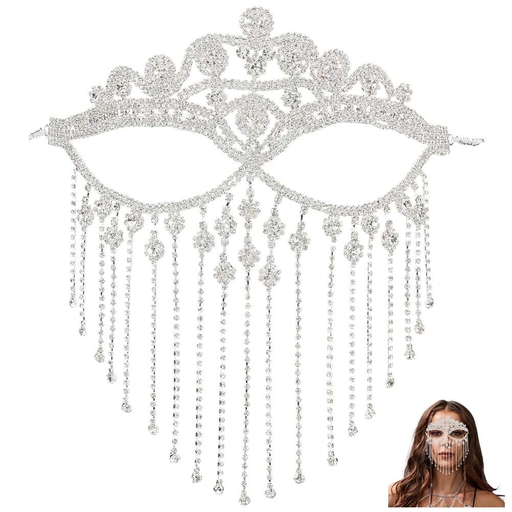 CABODYALS 1PC Silver Rhinestone Face Chain Sparkle Crystal Facial Eye Tassel Veil Glitter Alloy Fringe Masquerade Jewellery for Women Halloween Costume Summer Beach Party Decor Accessories Gifts