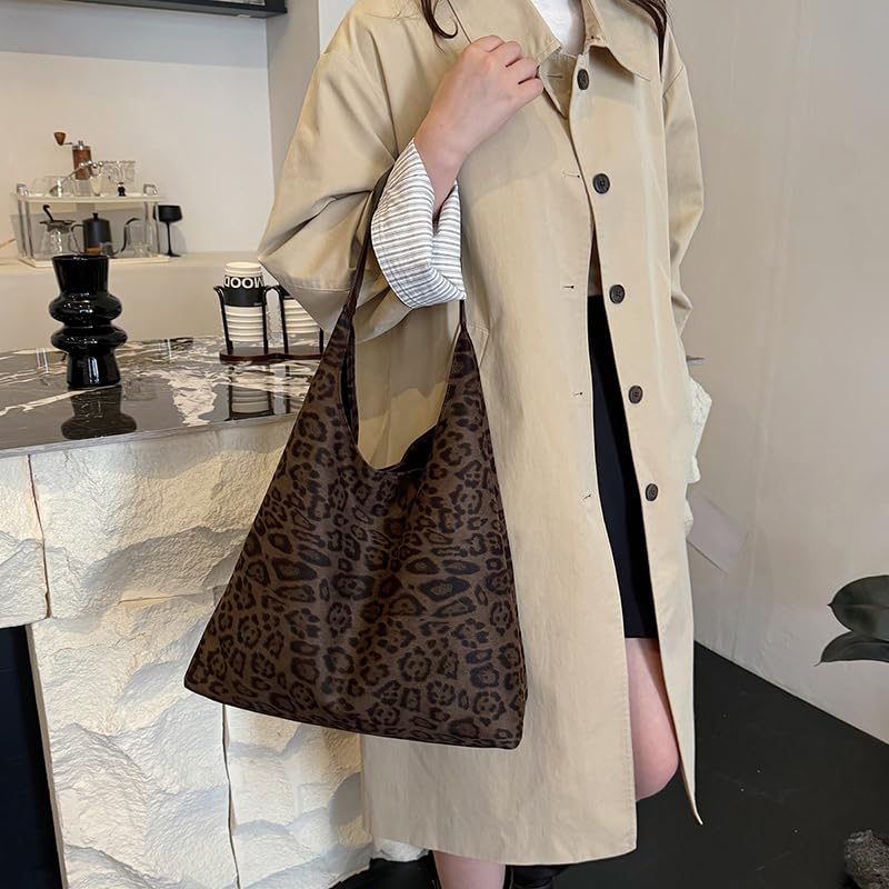 Faux Suede Trendy Shoulder Bag Commute Tote Handbag with Purse (Leopard Khaki)2