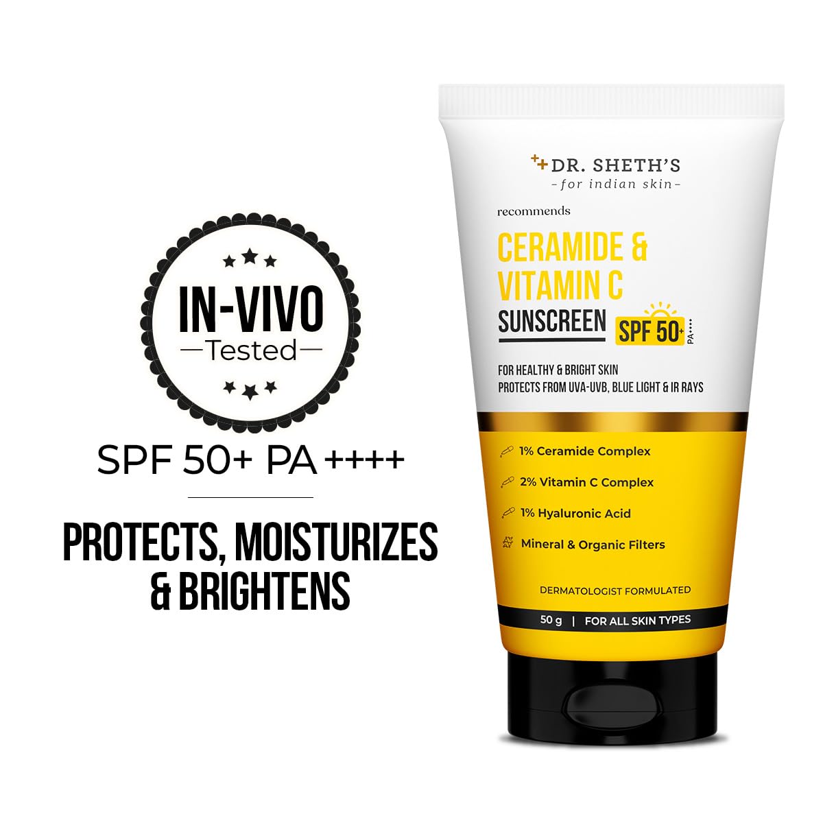 Dr. Sheth's Ceramide & Vitamin C Sunscreen SPF 50+ PA+++ | One Step Routine for Summer | For Women & Men | UVA UVB Sun Protection | 1.76 Oz / 50g - Image 2