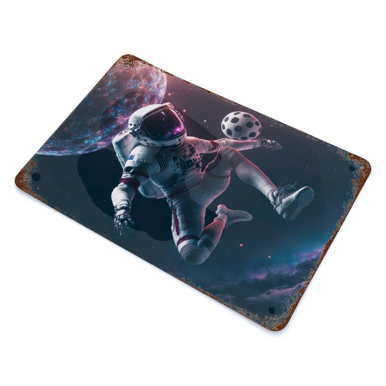 Soccer Astronaut Vintage Wall Sign 11.8"x7.9", Rust Effect Metal Decor for Basement, Hobby Room And Garage Decor