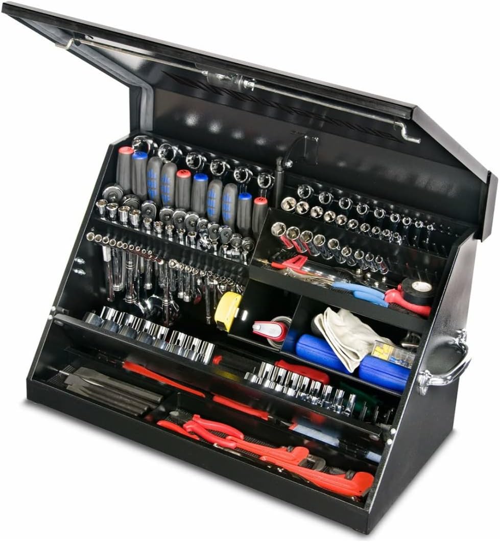 Montezuma – ME300B – 30-Inch Portable TRIANGLE Toolbox – Multi-Tier Design – 16-Gauge Construction – SAE and Metric Tool Chest – Weather-Resistant Toolbox – Lock and Latching System, Black, 30" Wide x 15" Deep