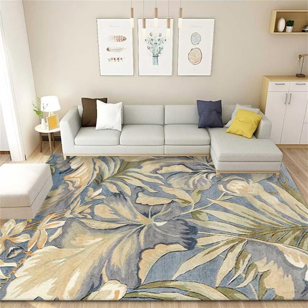 Tapis lavable grand format motif plantes vertes pour salon