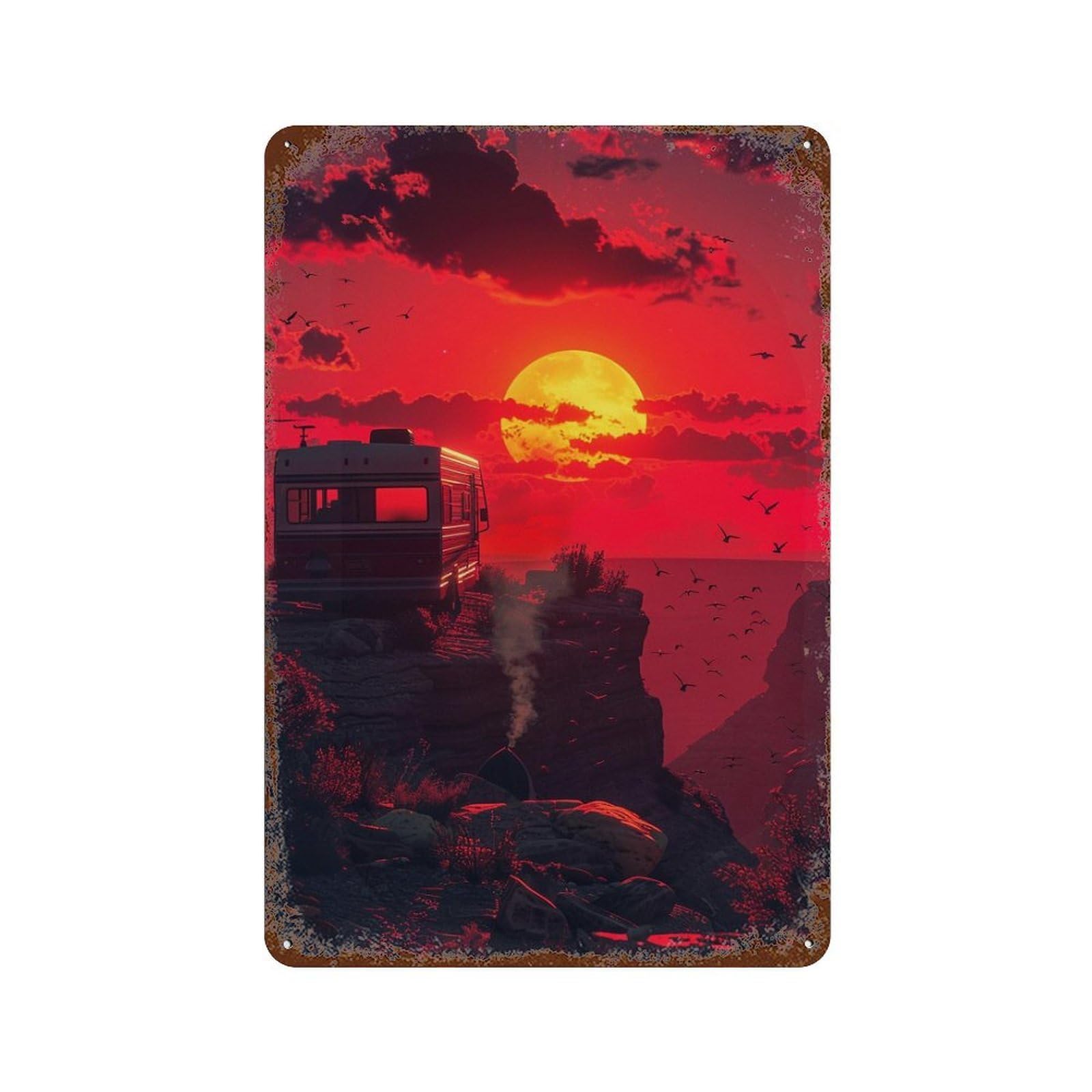 Rust Effect Desert Sunset Camper Adventure Retro Metal Sign 11.8"x7.9", Farmhouse Wall Decor for Living Room, Hallway And Home Decor