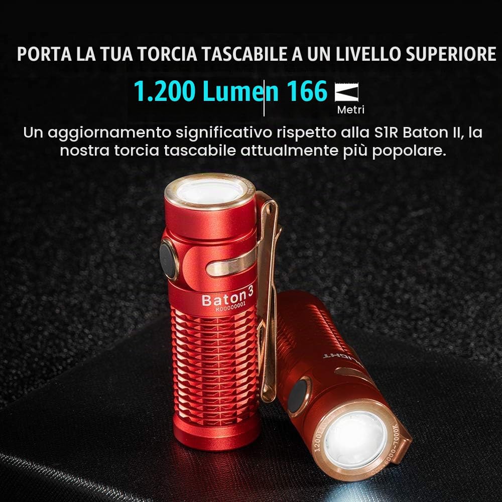 OLIGHT Baton3 Torcia LED Portatile Ricaricabile, Alta Potenza 1200 lumen 166 Metri, 6 Modalità di illumizione, Impermbile IPX8, Adatta per Campeggio, Escursionismo, Emergenza (Rosso)