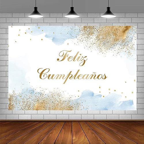 Miniatura 2 de Telón de fondo de feliz cumpleaños para niños, fiesta mexicana, decoración de fiesta de feliz cumpleaños, nubes de acuarela azul claro, purpurina
