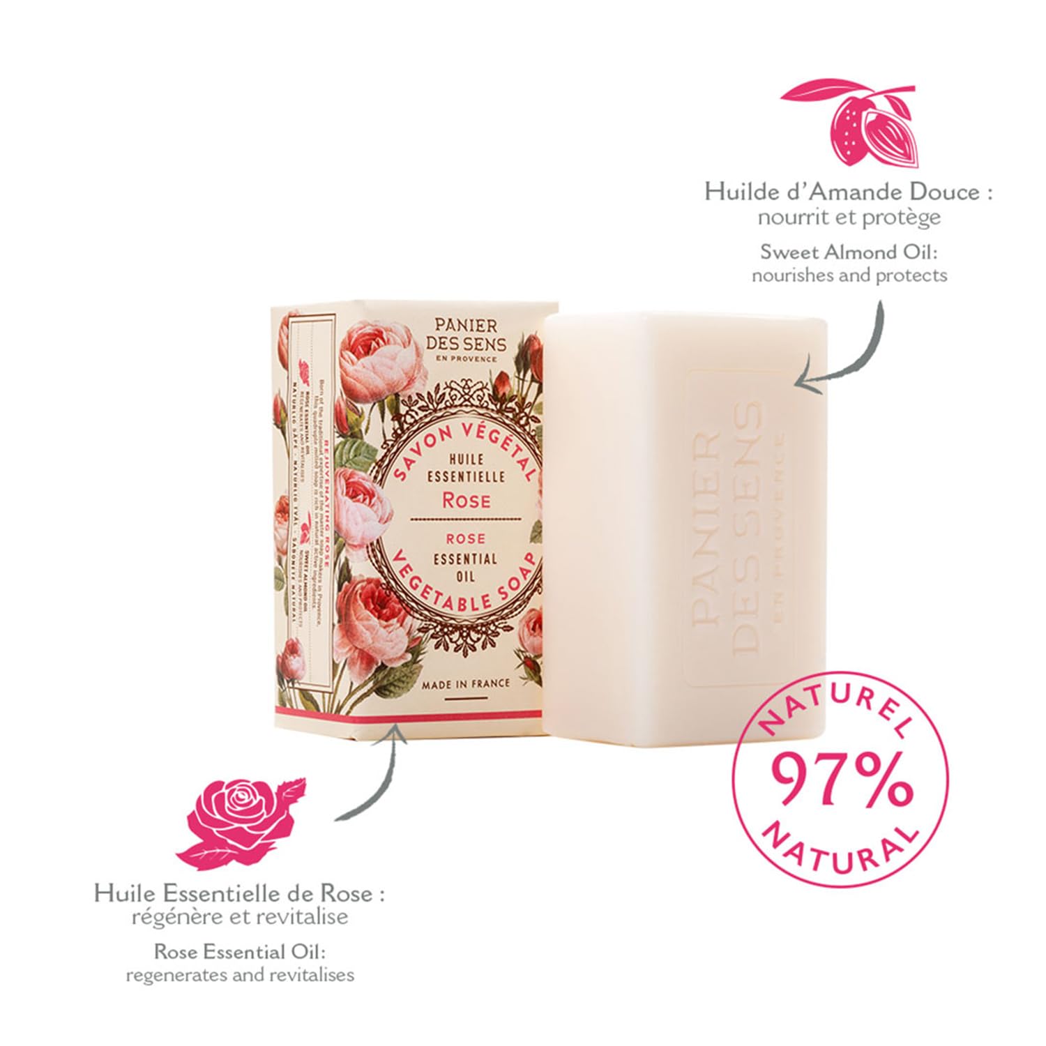Panier des Sens, Rose Soap Bar 2x150g, Moisturizing Gentle Scented, Natural Soap with Sweet Almond - Image 2