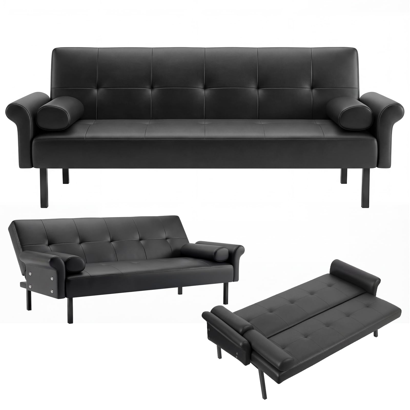Panana Modern 3 Seater Sofa Bed, Faux Leather Upholstered Sofa bed with Metal Legs,Futon Recliner Lounge for Living Room, Spare Room, Bedroom (Black with armrest)