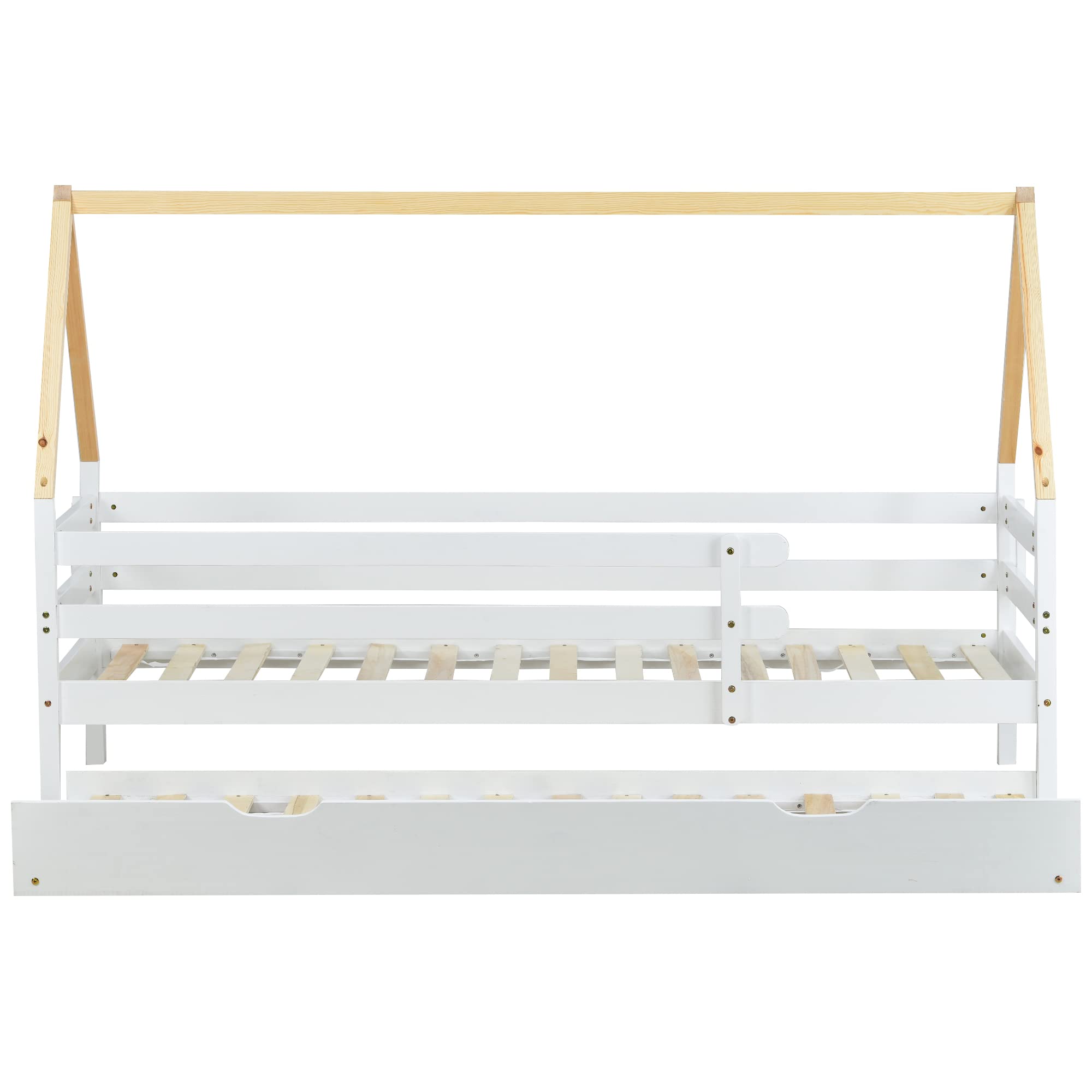 Cama infantil extraíble y deslizante con ruedas, madera maciza blanca, silla de techo natural (200 x 90 cm)