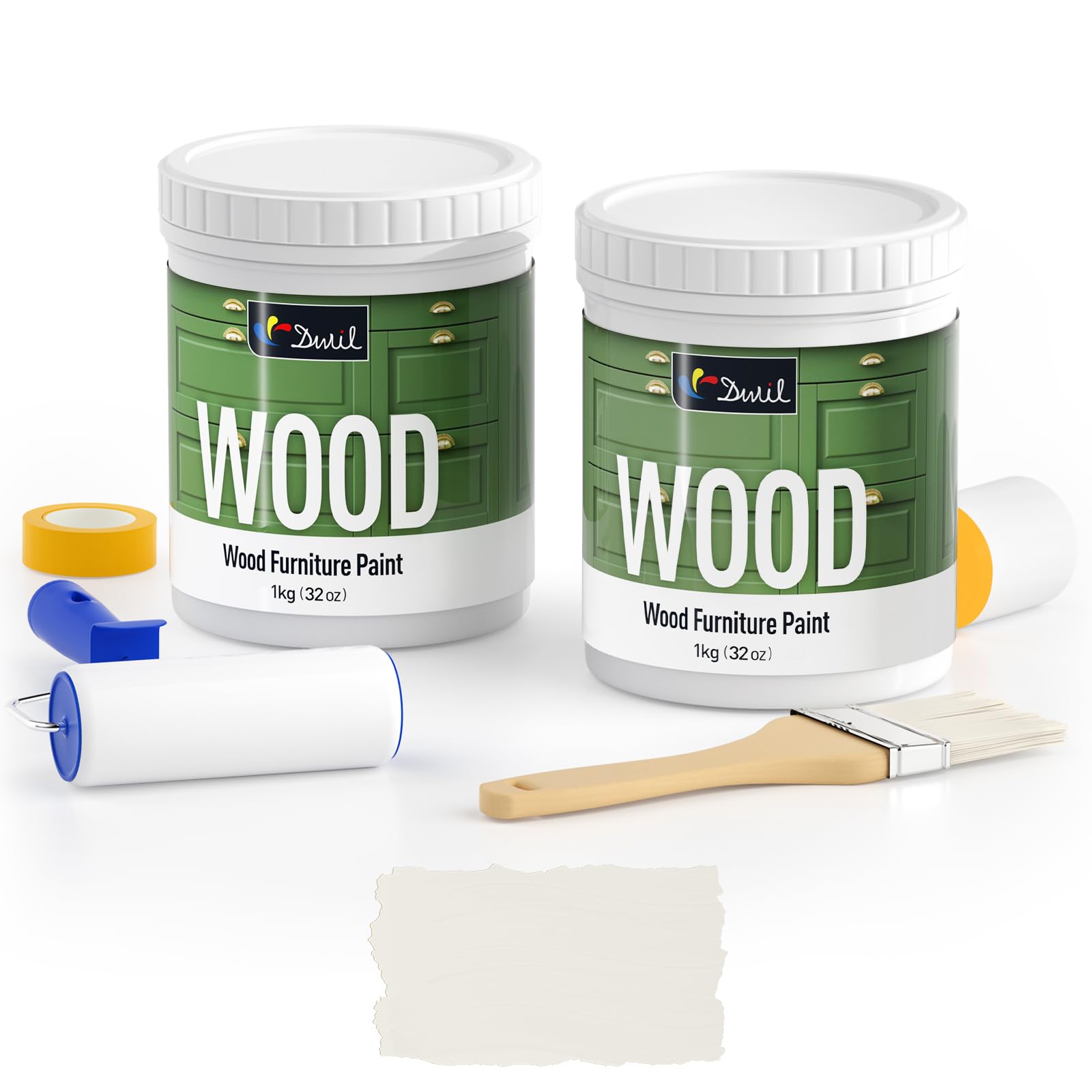 DWIL Matte Finish Furniture Paint - 64 Oz Wood Paint for Cabinets, Doors, Tables, and Dressers Refinishing - Water-Based, Non-Toxic & Odorless, Easy to Apply(Ivory White)-With Tools