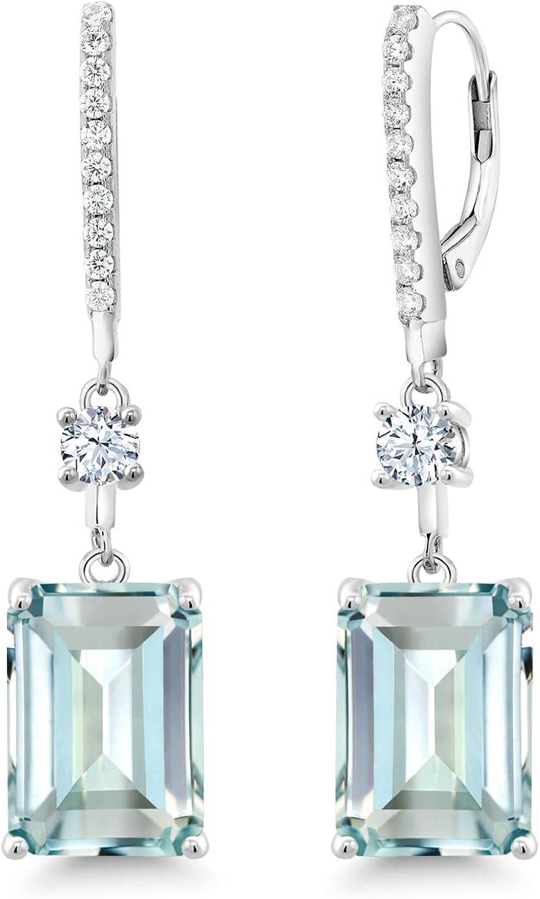 Gem Stone King 13.58 Cttw Sky Blue Simulated Aquamarine Drop Dangle Earrings For Women In 925 Sterling Silver | Emerald Cut 14X10MM