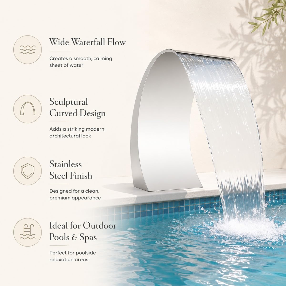 Fontaine Cascade Piscine et Étang – Lame d’Eau en Acier Inoxydable 304 – Débit Constant Design Incurvé – Déversoir pour Bassin de Jardin et Spa – Pompe Non Incluse