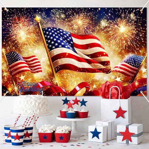 Image of BlissYard 4th of July Banner 71 x 43 Inches Large Patriotic Backdrop American Flag Red White Blue Fireworks Decorations for Outdoor Yard Party,Independence Day Memorial Day Decorations