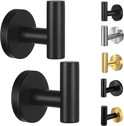 Kruodop Ganchos para toallas de baño, 2 paquetes de soporte para toallas de pared, gancho negro mate para bata de pared, gancho de acero inoxidable