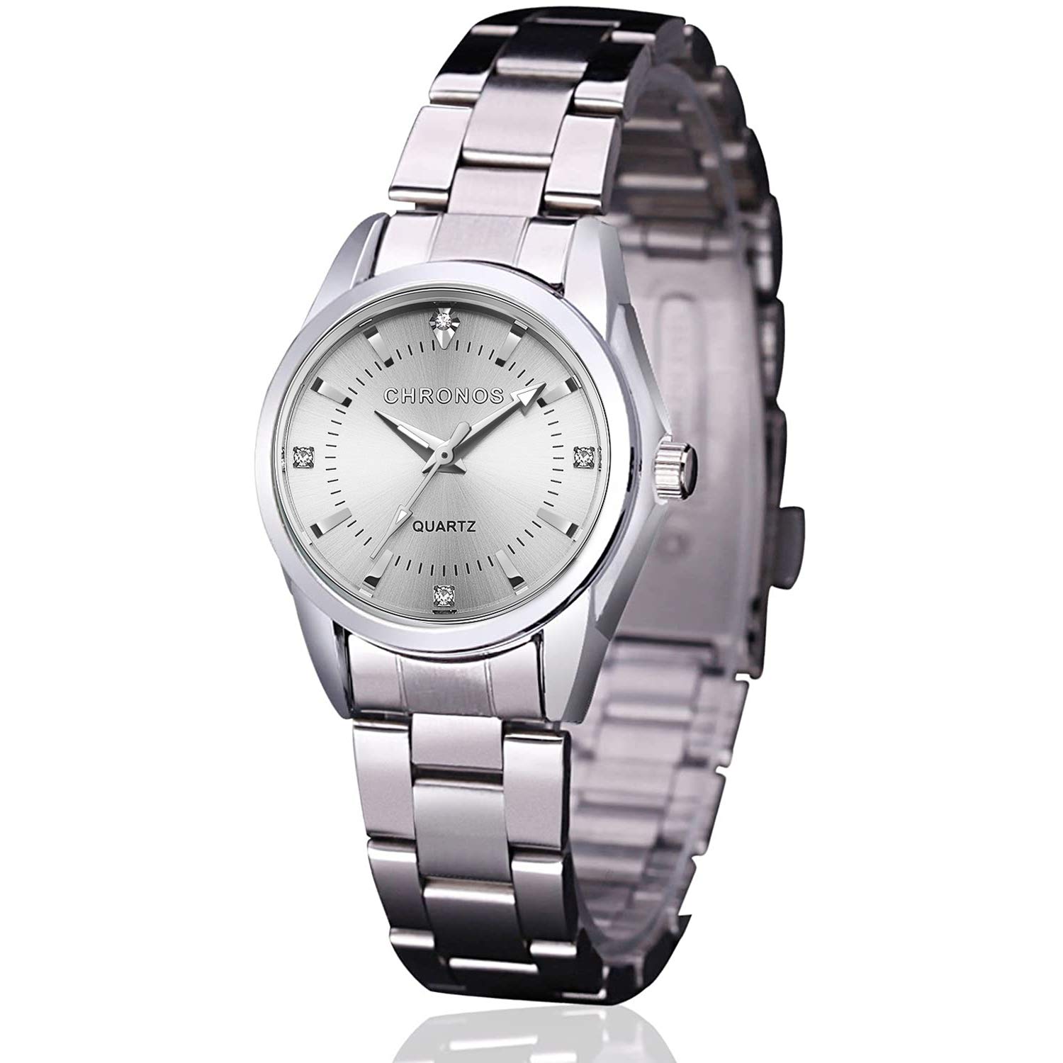 Women Lady Dress Analog Quartz Watch with Stainless Steel Band, Casual Fashion Waterproof Watches Roman Numeral Diamond Rhinestone Luminous Wristwatch