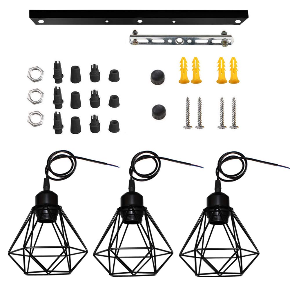 Lampara Colgante E27 Vintage Industrial Lámpara de Techo Colgante Negro Retro 3 Luces Iluminación Para Cocina Comedor Sala de estar (16cm-con barra)