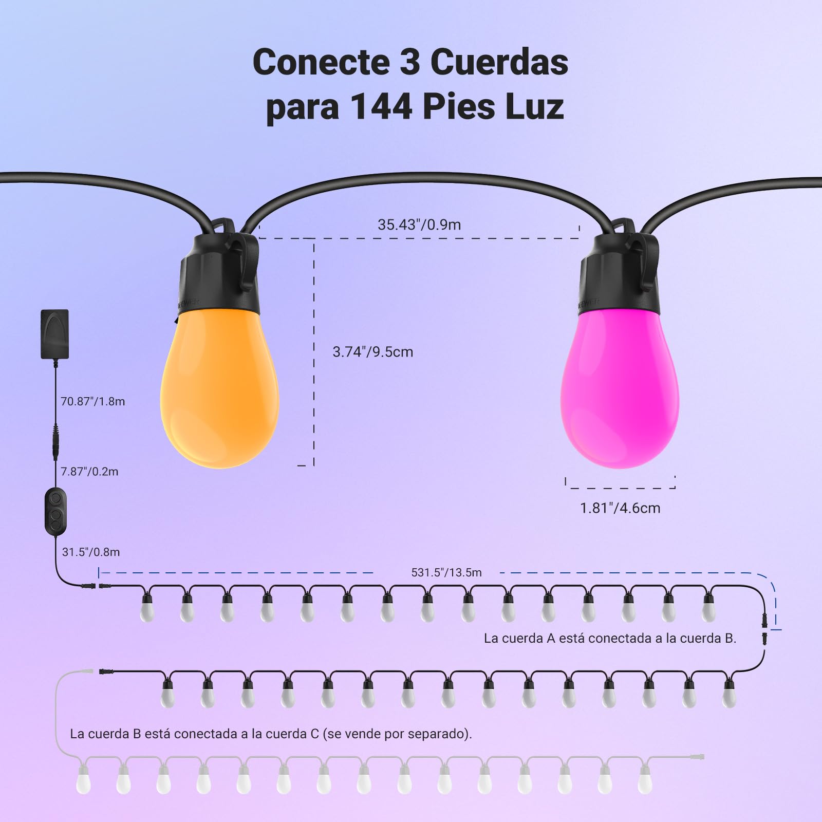 NEEWER Guirnalda Exterior 96ft RGB IC Blanco Inteligente Control App,30 Bombillas IP65 Impermeable 50+ Escenas Decoración Patio Balcón Jardín Compatible Alexa Google, NR01