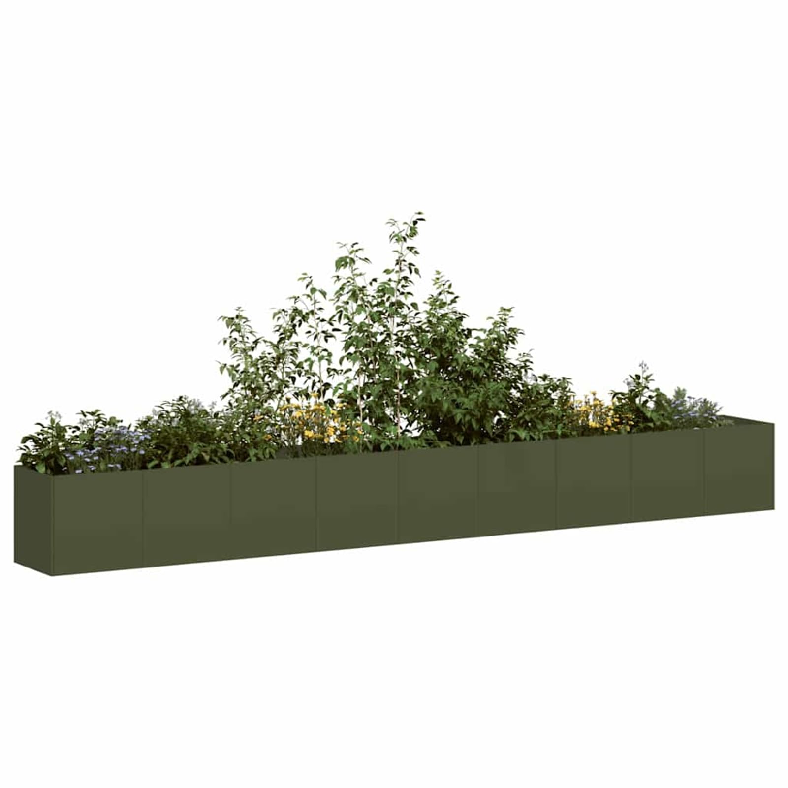 Donica na rośliny, oliwkowa zieleń, 360 x 40 x 40 cm, stal walcowana na zimno, odporna na warunki atmosferyczne, wytrzymała i łatwa w pielęgnacji, skrzynka na kwiaty, na taras, grządka