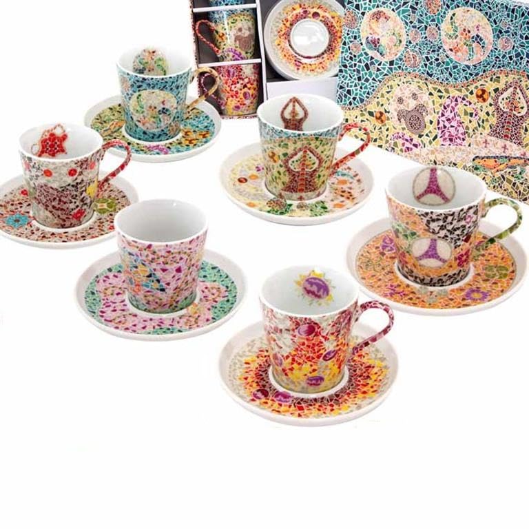 DRW Set 6 Tazze con Piatto in Porcellana Elementi Gaudi Tazza: 9 x 8 cm, Multicolore, Medidas: Taza: 9x8x8 cm