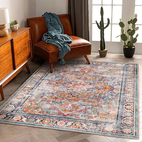 6'x9' Washable Vintage Area Rug Boho Chic Medallion Distressed Design Non-Shedding Easy Care Ideal for High Traffic Areas in Living Room Bedroom Kitchen Office Large Carpet