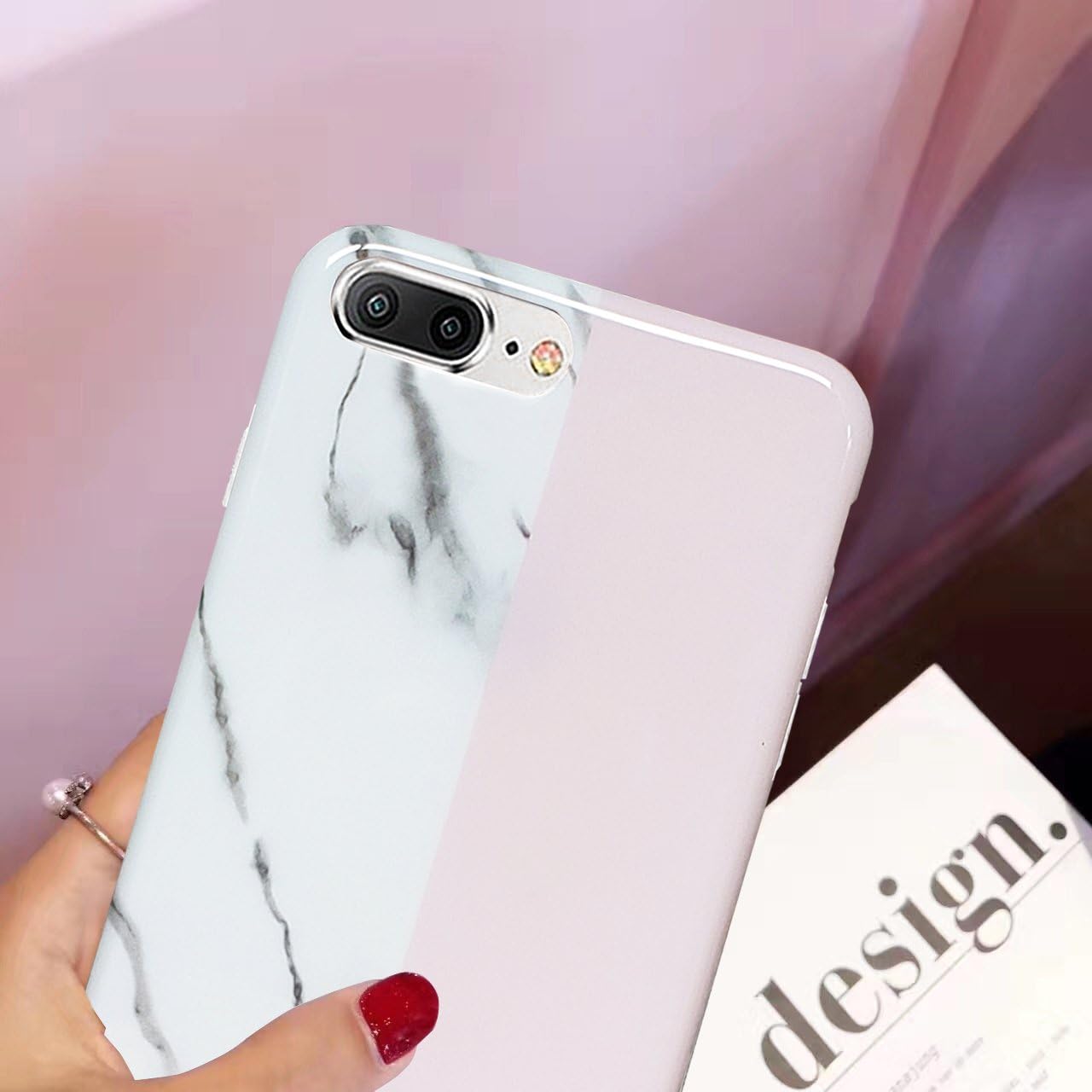 J.west iPhone 8 Plus Case, iPhone 7 Plus Case, Unique White Marble Pink Geometric Pattern Clear Bumper Matte TPU Soft Cover Anti-ScratchThin Back Protective Phone Case for Apple iPhone 7 Plus / 8 Plus