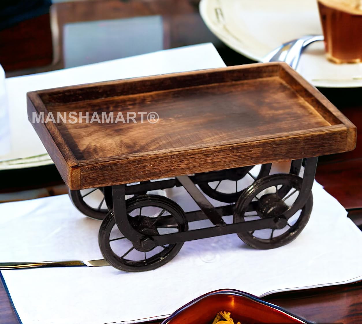 MANSHAMART® Home Decor Handmade Wood & Wrought Iron Thela Trolly Snacks Serving Trays Wooden Platter Moveable Wheels for Serving Tea and Snacks, Thela Trolly Style Tray (B08P9PDN9G) Amazon Price History, Amazon Price Tracker