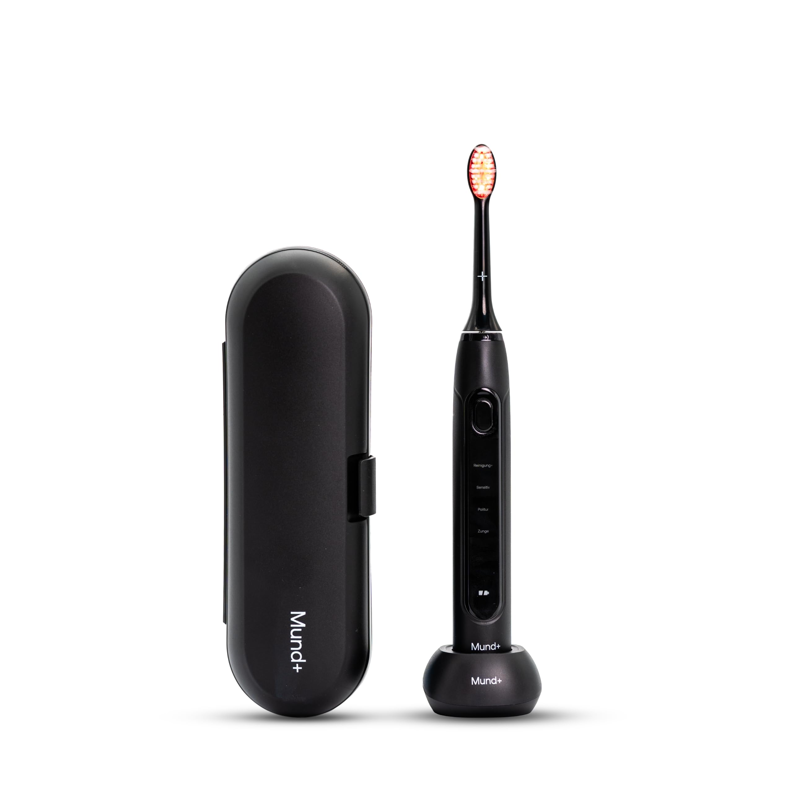 Mund+ Elektrische Zahnbürste mit Redlight Technologie, Schallzahnbürste (Rotlicht) mit 2 Aufsätzen, Travelbox & Ladestation in Schwarz