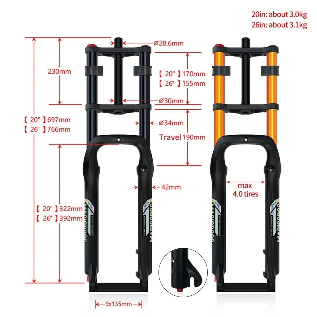 Widelec z zawieszeniem pneumatycznym 20/26 cala Fat Bike 4.0 Opona Mountain ForkTravel 190 mm 1-1/20.3 cm prosty śnieg/plaża/elektryczny przód 9 * 135 mm regulacja tłumienia QR (złoty A, 66 cm)