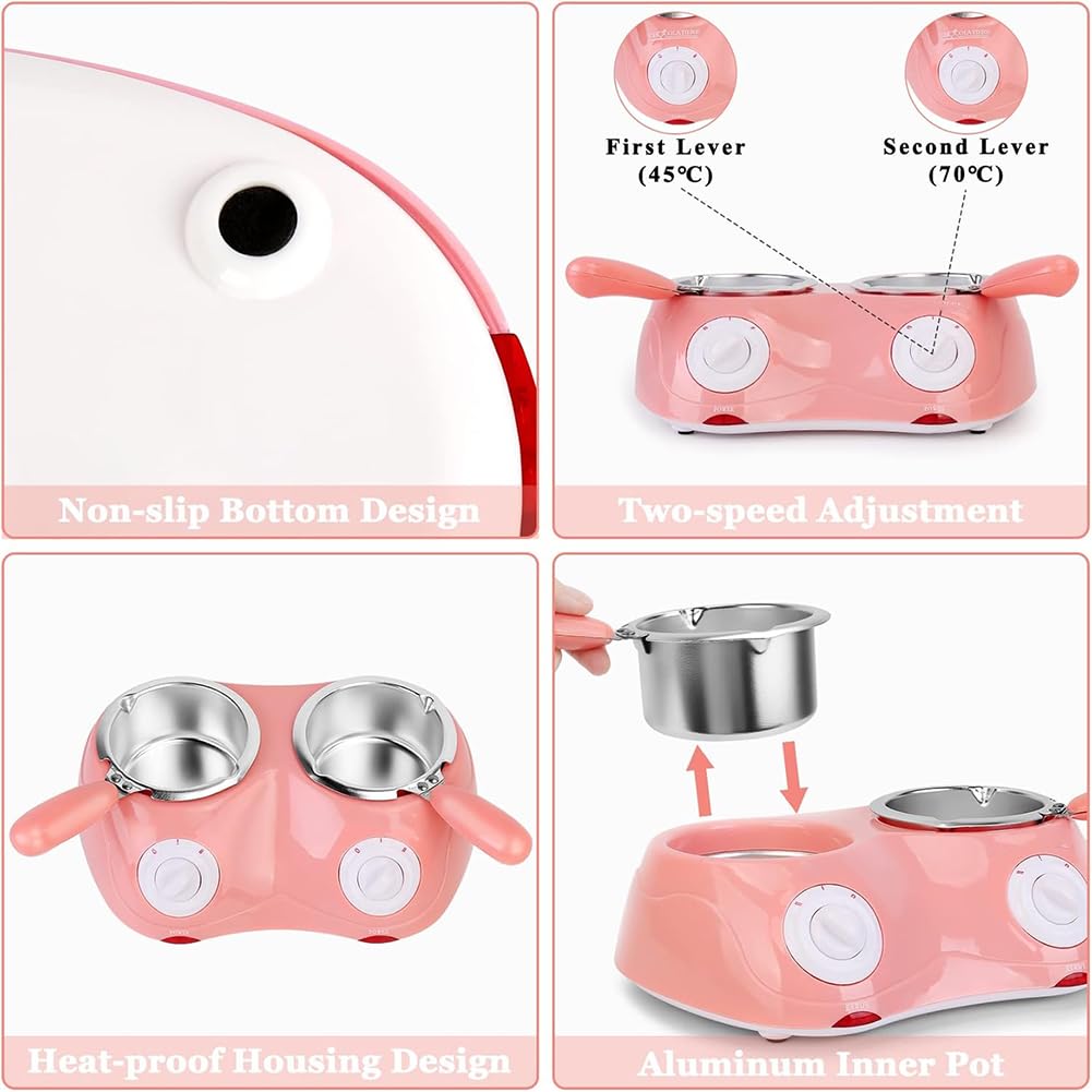 TsoLay Fondoir à Chocolat, Mini Kit de Fondue Électrique avec Double Pot de Fusion, Capacité 500 G, Contrôle de Température Indépendant et Commutation 45 ℃/70 ℃, pour Chocolat au Lait