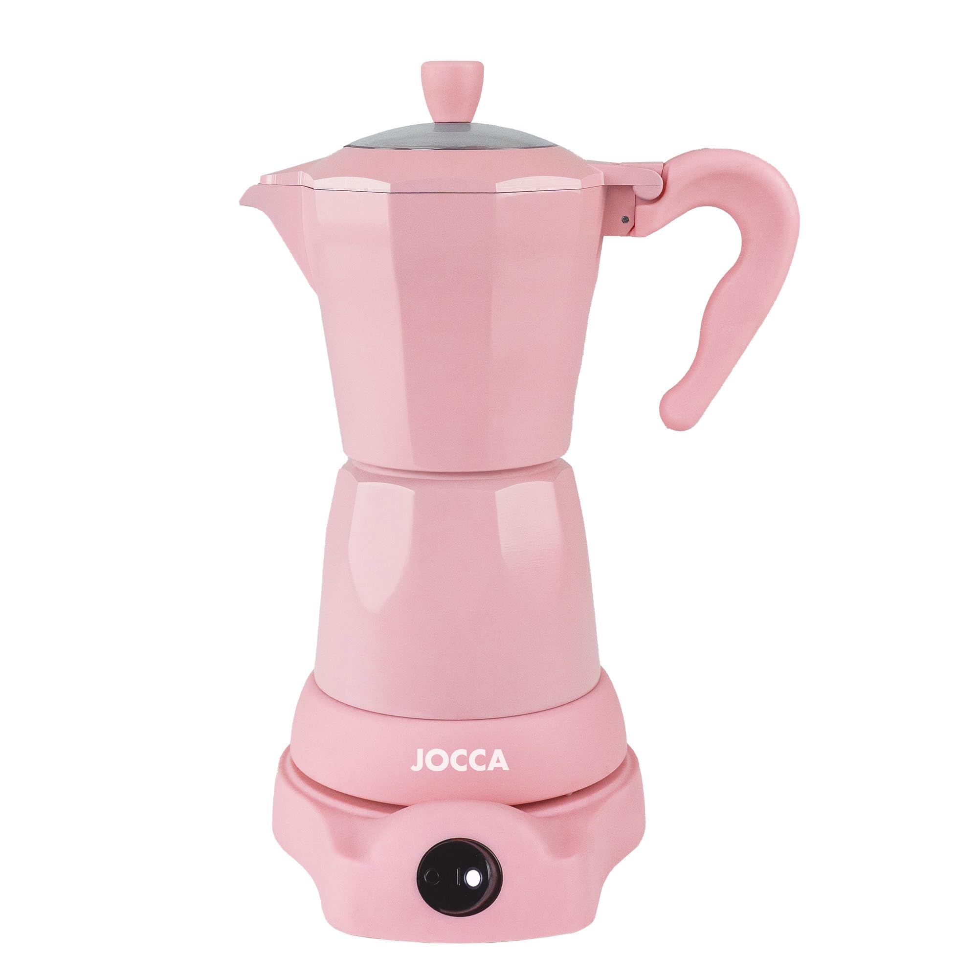 Jocca - Cafetera italiana eléctrica rosa | 6 tazas | Base giratoria 360º | Sistema mantiene caliente | Asa toque frío | 480W sin cables