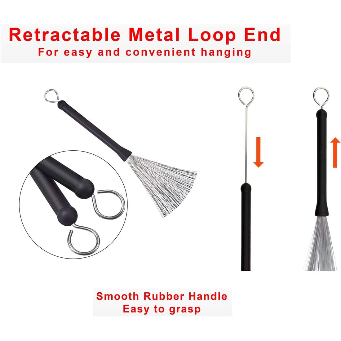 Set Spazzole e Bacchette a Spazzola per Batteria e Tamburo con Maniglie in Gomma Confortevole - Include Spazzola Metallica Retrattile per un Suono Personalizzato