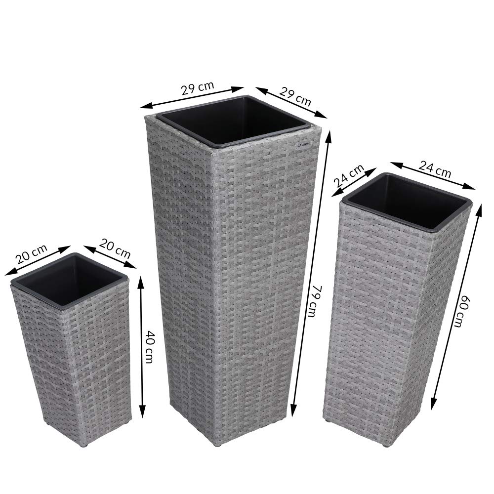 Deuba CASARIA® Set di 3 Vasi da Fiori in Polyrattan Intrecciato con Sottovaso e Foro Deflusso Acqua Richiudibile Vaso per Piante Effetto Rattan da Esterno Giardino Fioriere Fioriera