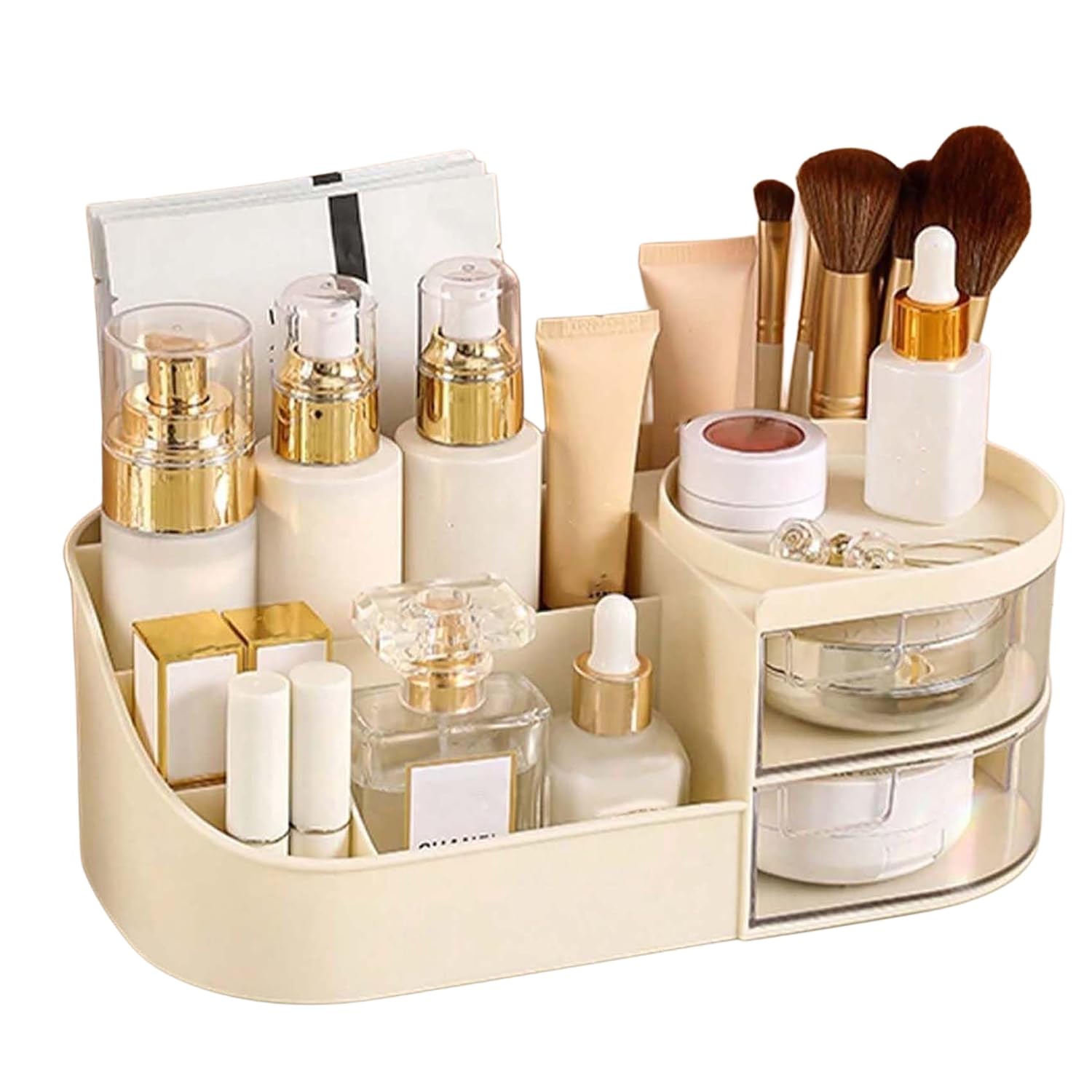 zuku MakeUp Organizer Stand Desk Storage Dressing Table Organiser Cosmetic Organizer Box Skin Care Table Bathroom Organiser Makeup Storage Box Makeup Vanity with Transparent Drawer(Cream)