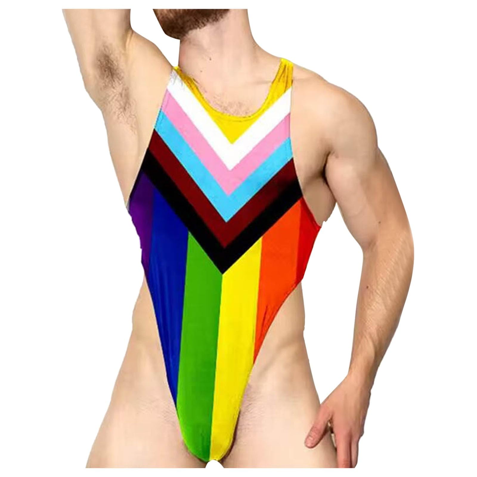 Men's Wrestling Singlet Bodysuits Sleeveless Glossy Bodysuit with Zip One-Piece Underwear Swimsuit Swimsuit with Rainbow Striped Bodysuits Overall Sissy Body Lingerie