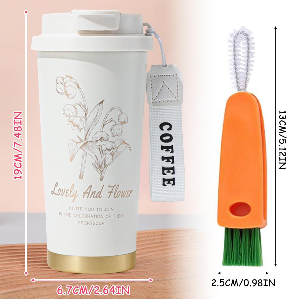 LUVDECO Termiczny kubek do kawy wielokrotnego użytku, 500 ml, izolowany, z szczelną pokrywką, kwiatowy kubek podróżny ze szczotką do czyszczenia marchwi, ze stali nierdzewnej 316, kubek termiczny do