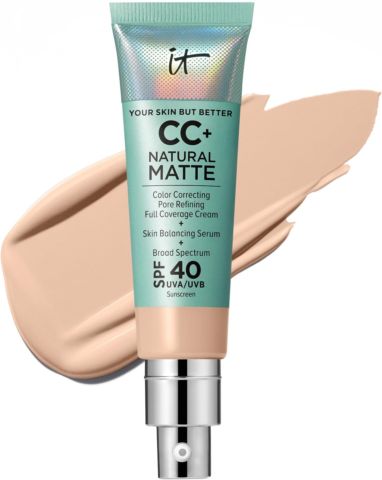 CC+ Cream Natural Matte SPF 40 - Mattifying Full Coverage Foundation Color Corrector, 16H Shine Control, Pore Refining, 24H Hydration, Noncomedogenic for Oily & Mature Skin - 1.08 fl oz