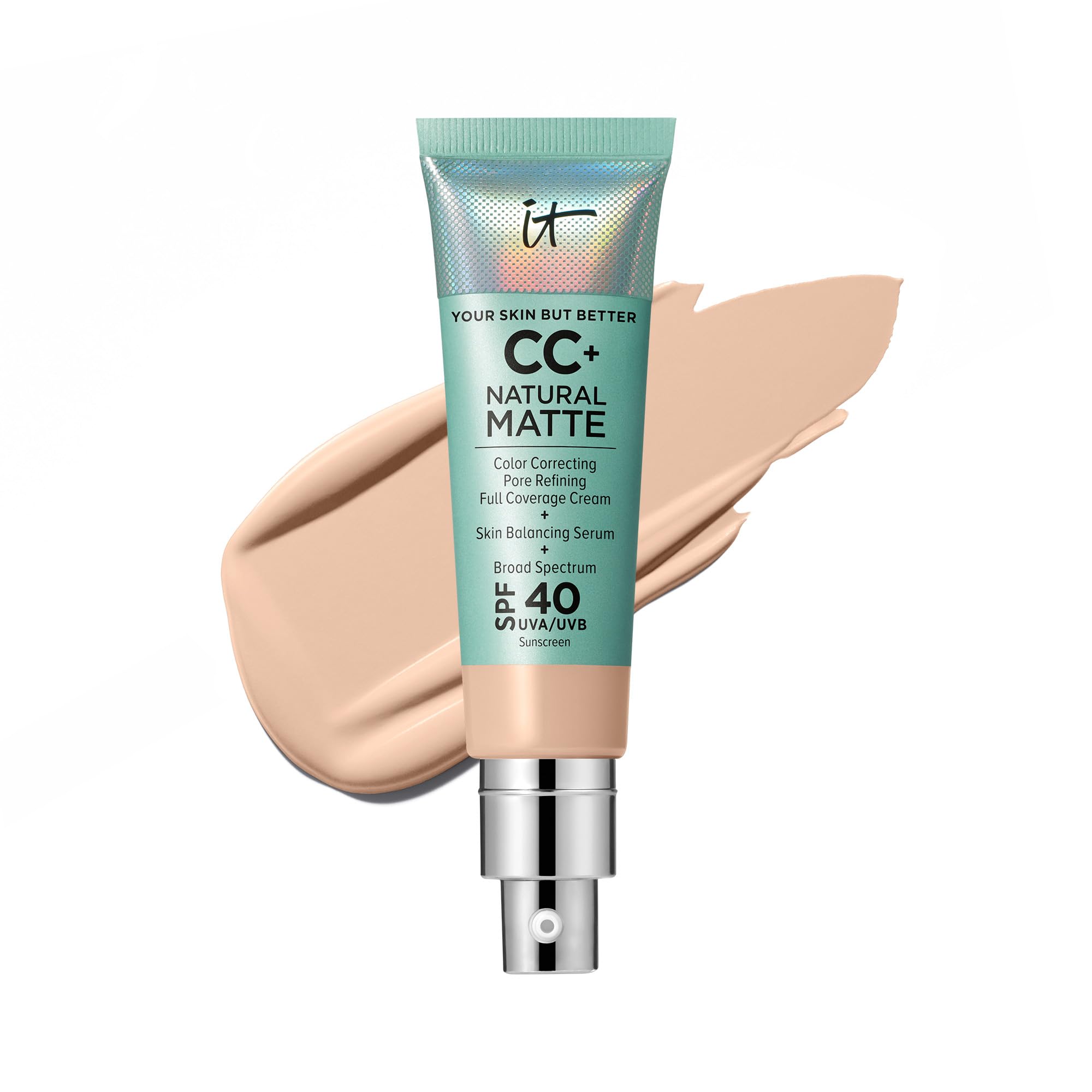 It CosmeticsCC+ Cream Natural Matte - Poreless Full Coverage Foundation With SPF 40, 16HR Shine Control, Color-Corrector, Skin-Balancing Serum, Sweat-proof, Noncomedogenic for Oily Skin - 1.08 fl oz