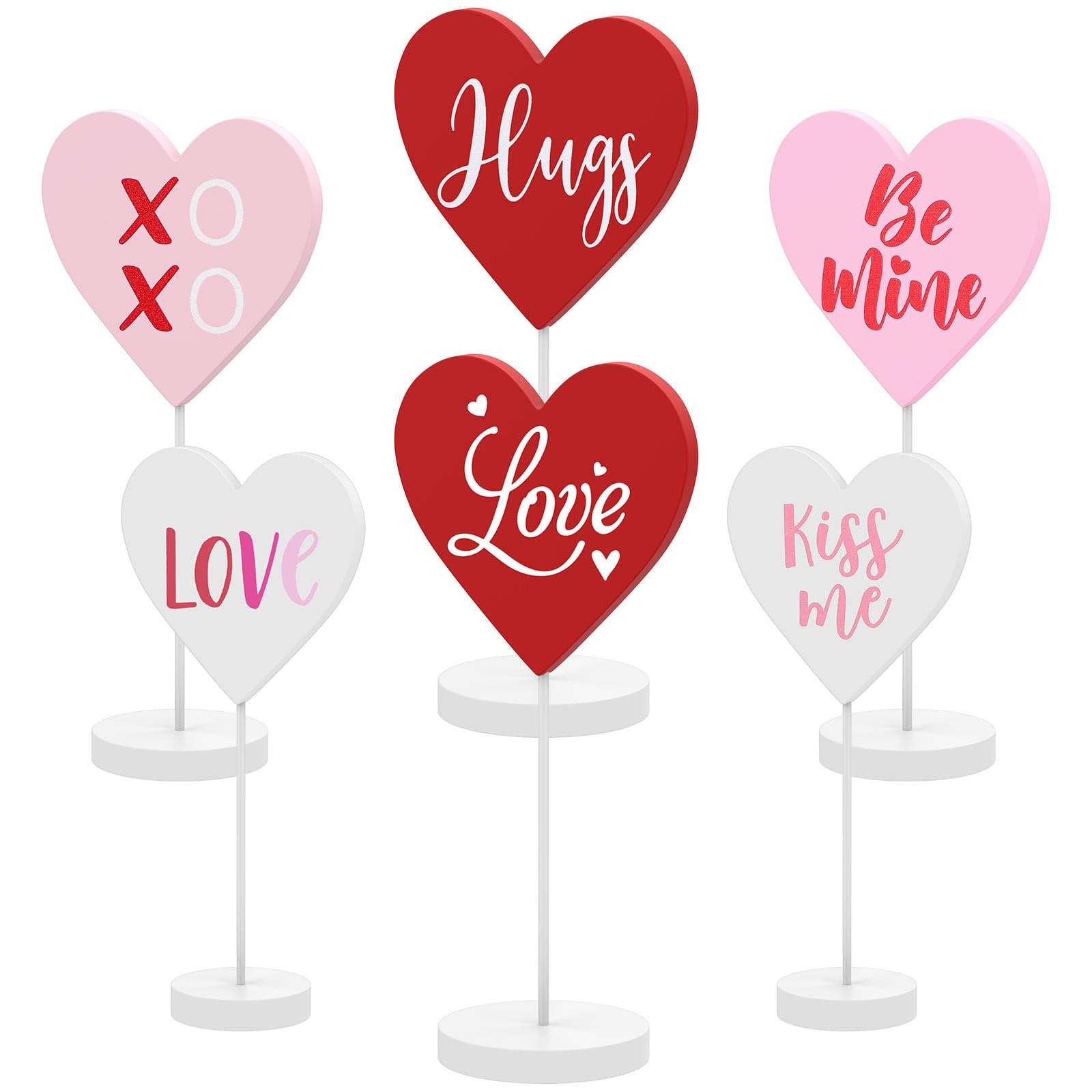 Threan 6 Pieces Valentine's Day Heart Shaped Wooden Table Decor with Base Heart Wooden Sign on Stand Tall Standing Wood Table Decor Tabletop Centerpiece for Valentine's Day Wedding Home Party Favor