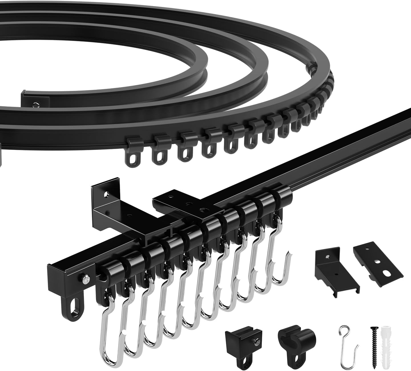 Flexible Bendable Ceiling Curtain Track, Complete Installation Kit with Brackets, Gliders, Clips for Room Dividers,RV Ceiling Curtain Track, Black,19.69ft(6m)