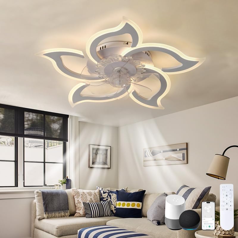 Smart Fan Light Ceiling Alexa LED Dimmable 6 Speed Ceiling Fans with Lamps Remote Control Silent Reversible Light Fan Ceiling Modern Flower Flush Mount for Bedroom, Living Room, Lounge, White||B