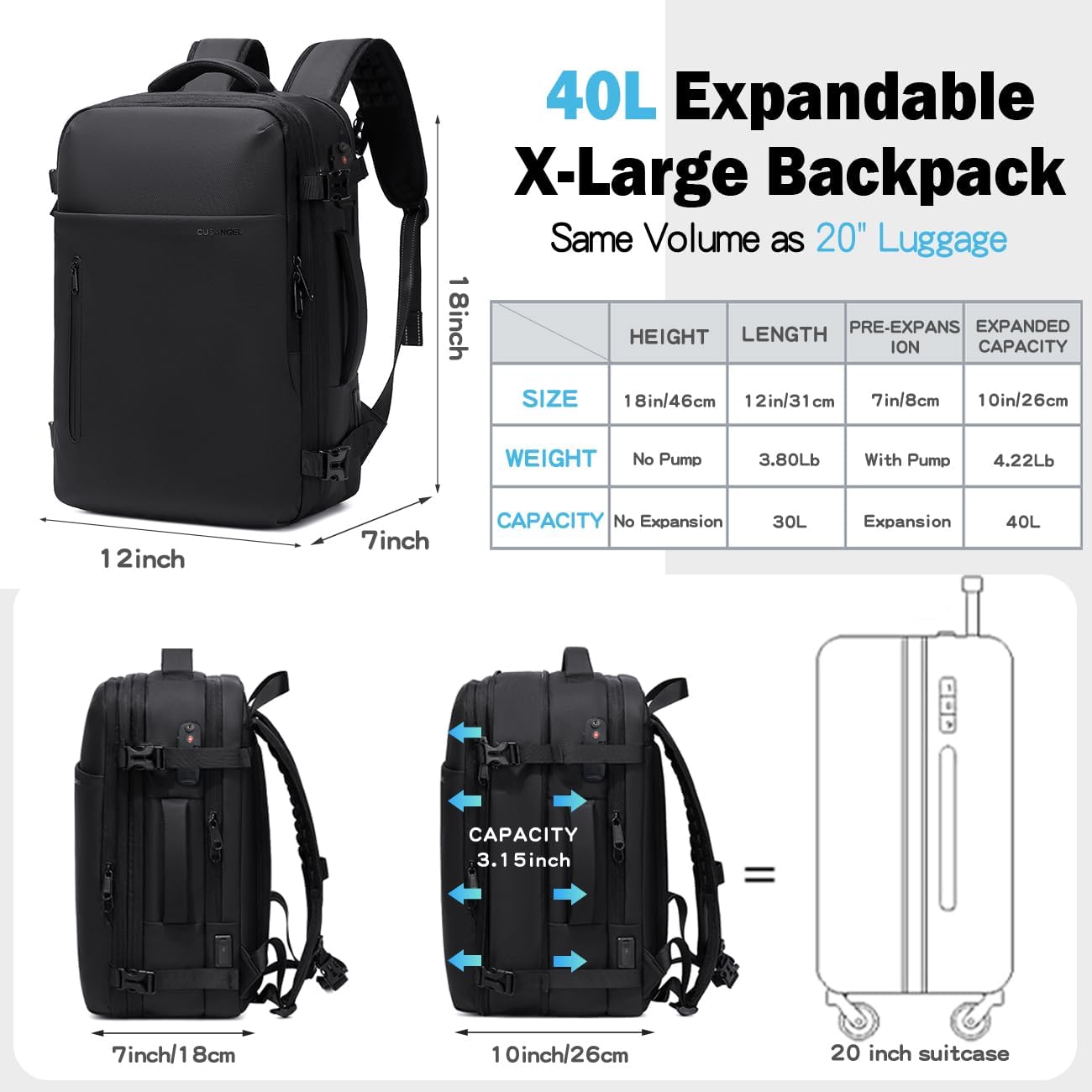 Cusangel Vacuum Backpack for Travel with Portable Electric Pump,Vacpack Pocket Compression Air Pump, 45L Expandable Airback (with Vacuum pump) image 4
