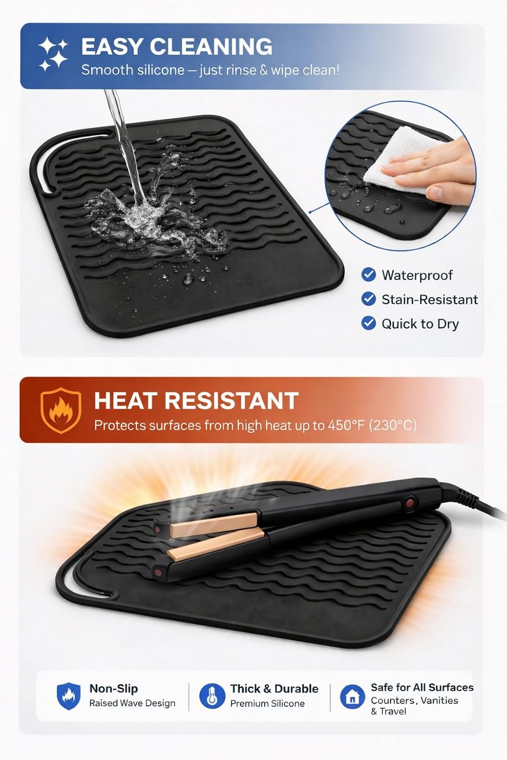 Heat Resistant Silicone Mat for Curling Iron, Flat Iron & Hair Straightener, Food Grade Non-Slip Hot Tool Pad, Black, 9 x 6.5 Inc