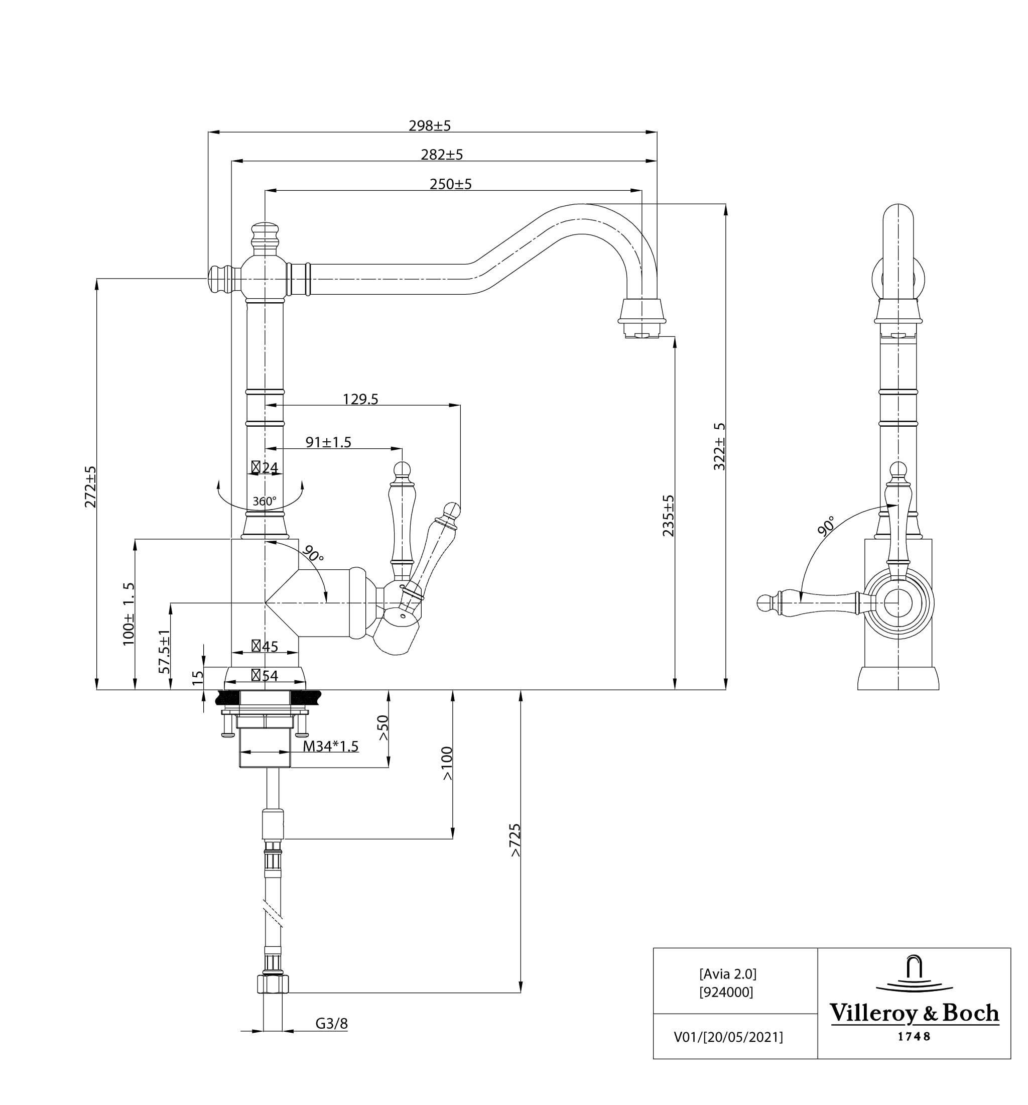Villeroy & Boch Avia 2.0 Küchenarmatur, Hochdruck, Wasserhahn Küche mit Keramikkartusche und 360° Schwenkbereich, Spültischarmatur energiesparend, Auslauf Höhe 235mm, Gold