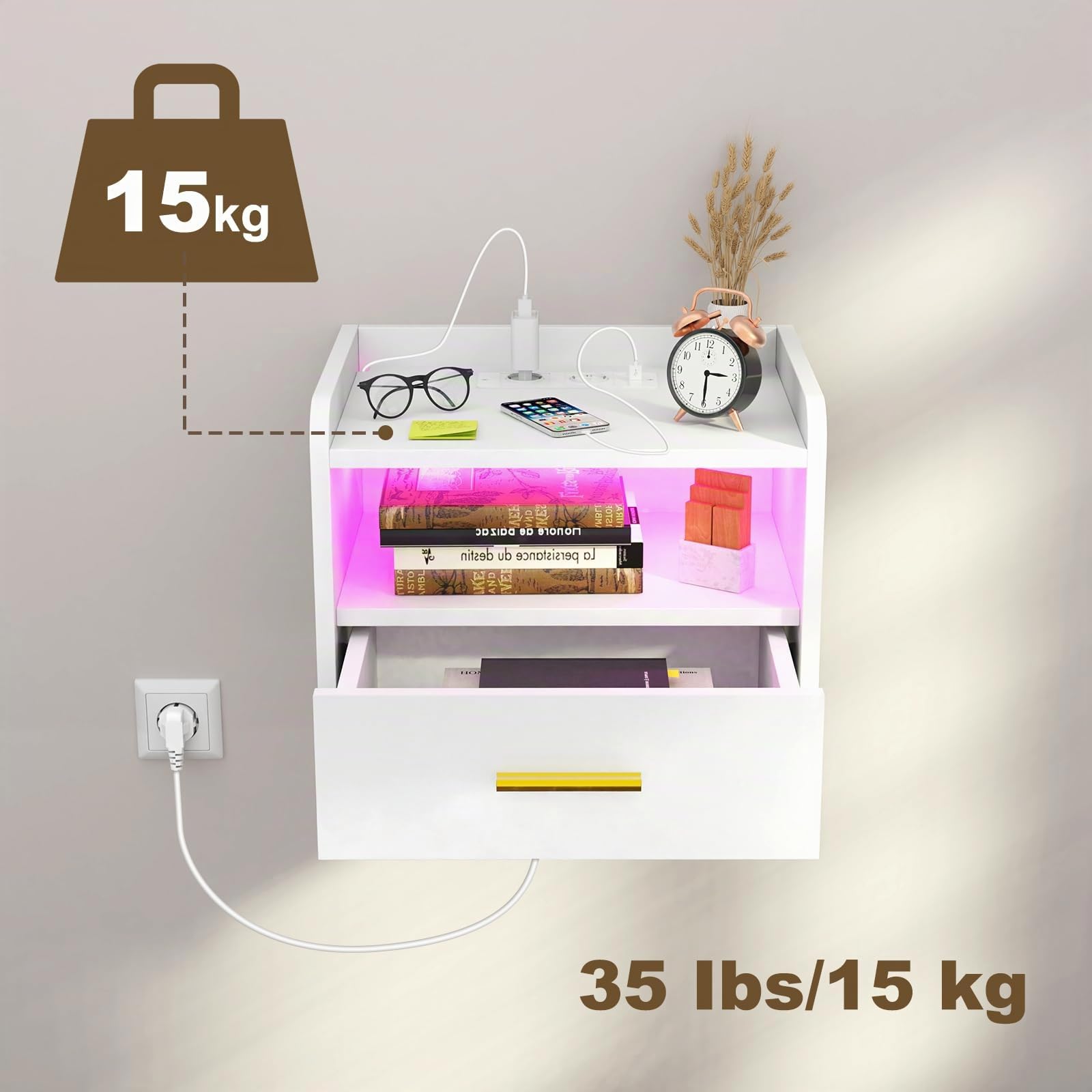Nachttisch wandmontage, Nachtschrank Hängend, Offenes Fach Und Einer Schublade, 2 USB Anschlüsse, 2 Steckdosen, 16 Farben LED Nachttisch mit Ladestation 40x30x30cm