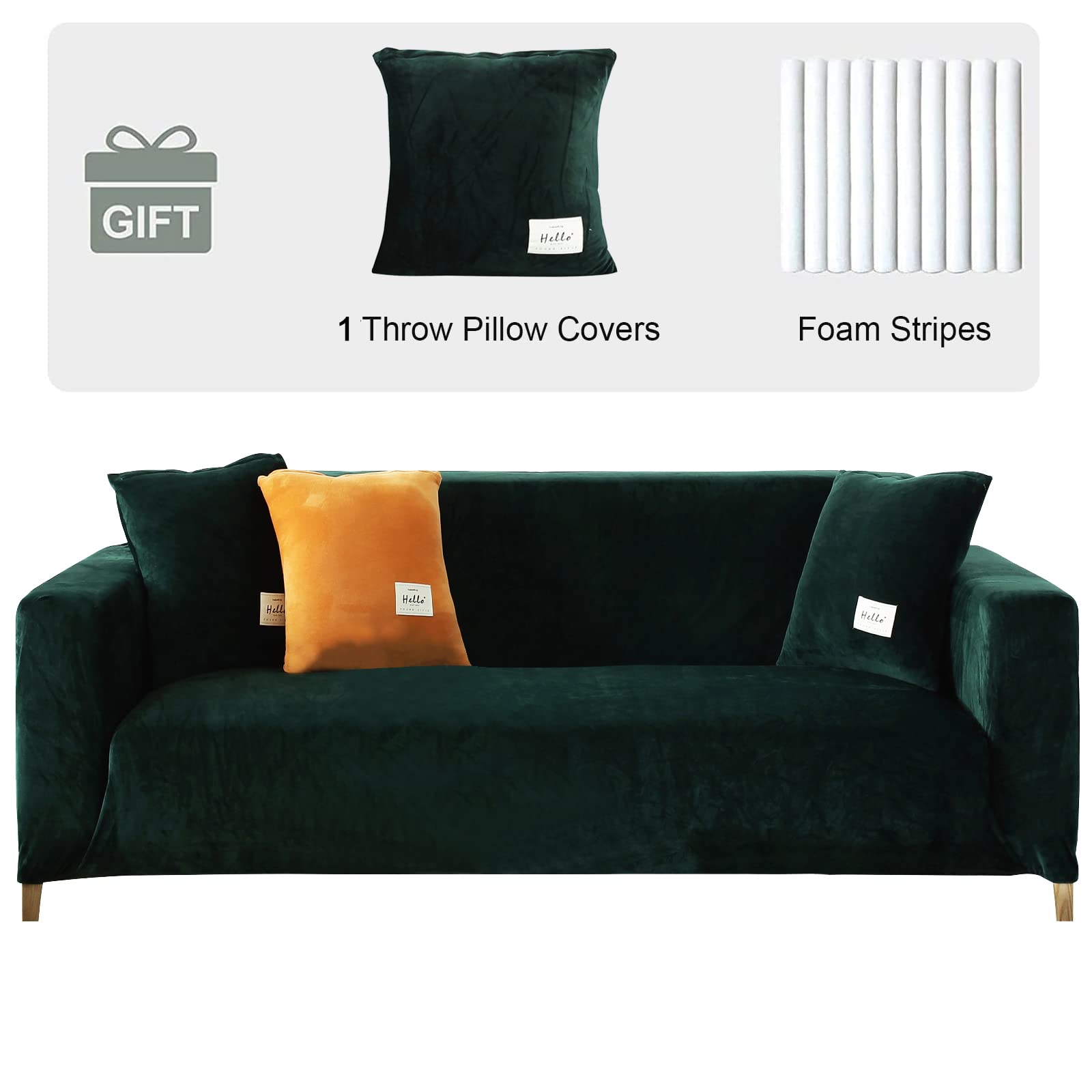 LiveGo Thick Velvet Sofa Covers with Pillowcase Stretchable Slipcovers for 1 2 3 4 Seater Couches Universal Fitted Pet-Friendly Furniture Protector for Living Room (Dark Green, 3 Seater)