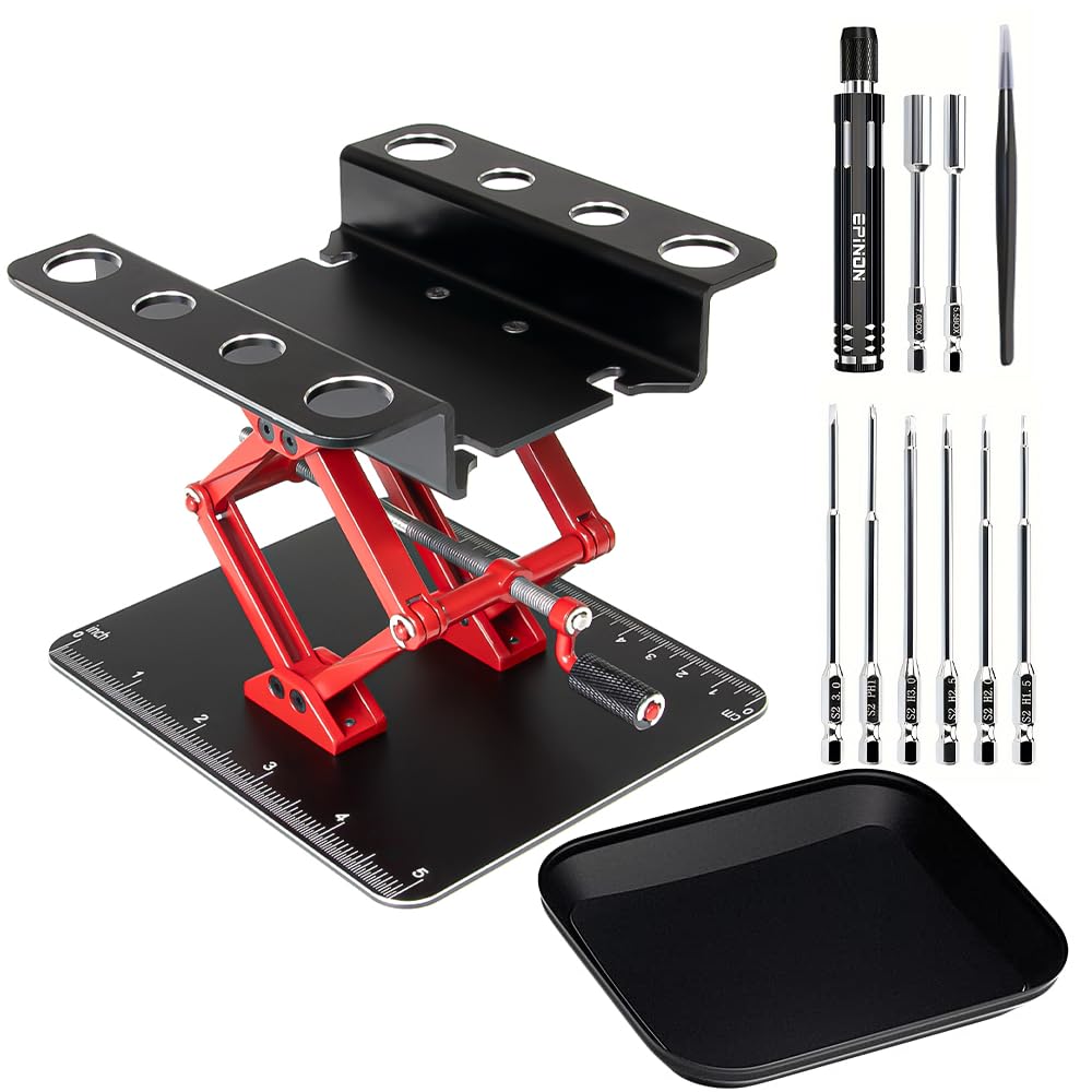 EPINON Support de travail de réparation de voiture télécommandée réglable avec ascenseur inférieur et tournevis RC et palette de vis pour 1/8 1/10 1/12 1/16 1/18 RC voiture chenille, camion buggy