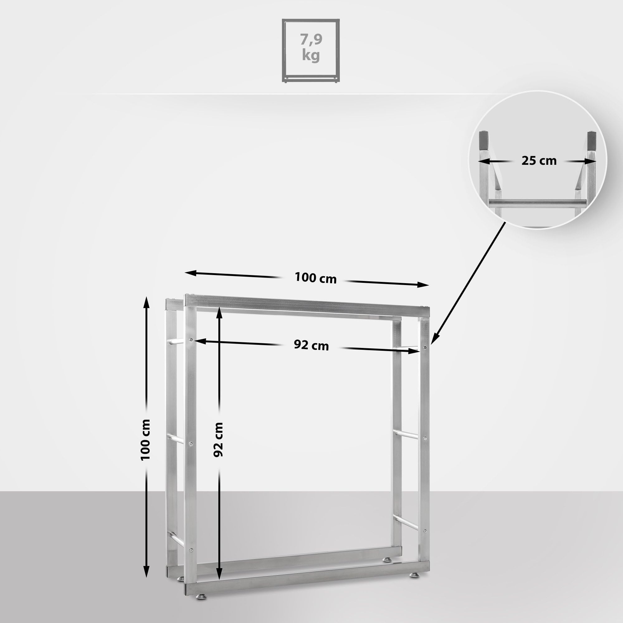 CLP Scaffale per Legna da ardere Keri in Acciaio Inox I Scaffale per Legna da ardere con Protezioni per Il Pavimento, Colore:Acciaio Inossidabile, Dimensione:25x100x100 cm